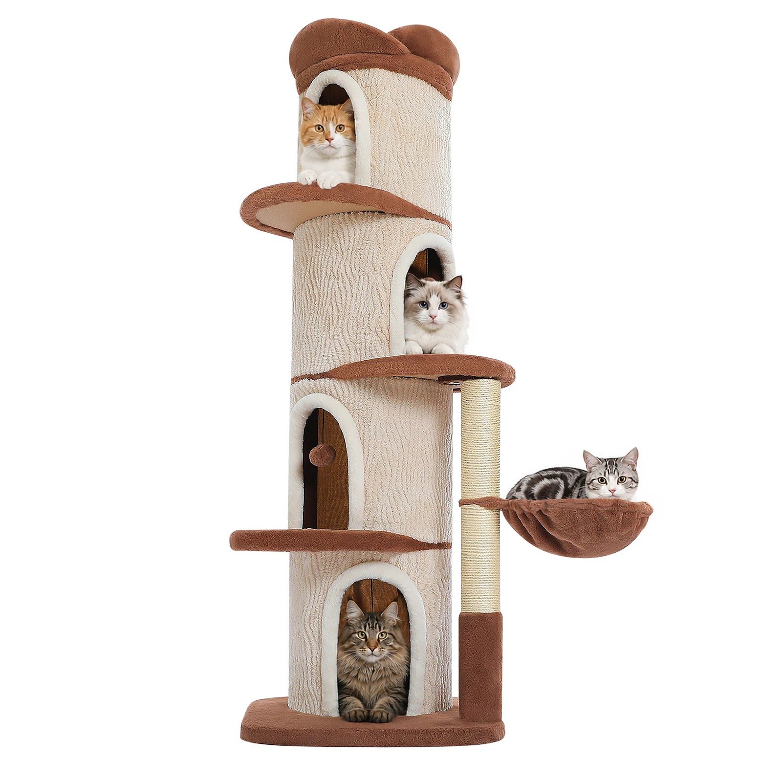Arbre à chat beige de 174 cm avec quatre niches sur fond blanc