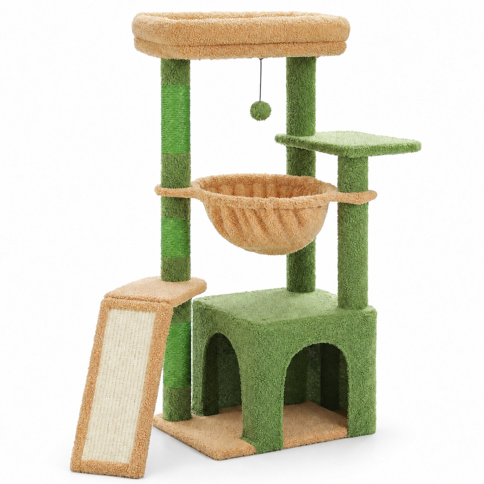 Arbre à chat compact vert et beige de 92 cm sur fond blanc