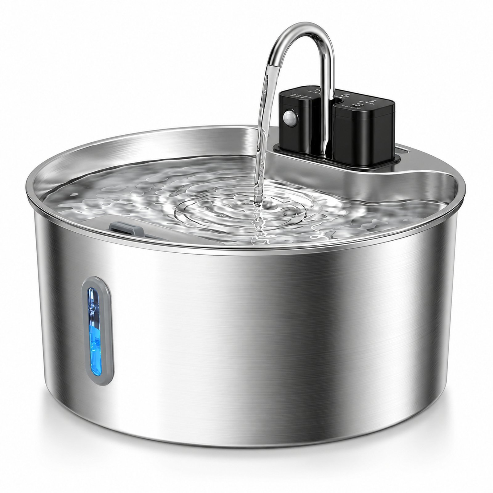 Fontaine à eau sans fil de 7 litres en acier inoxydable sur fond blanc