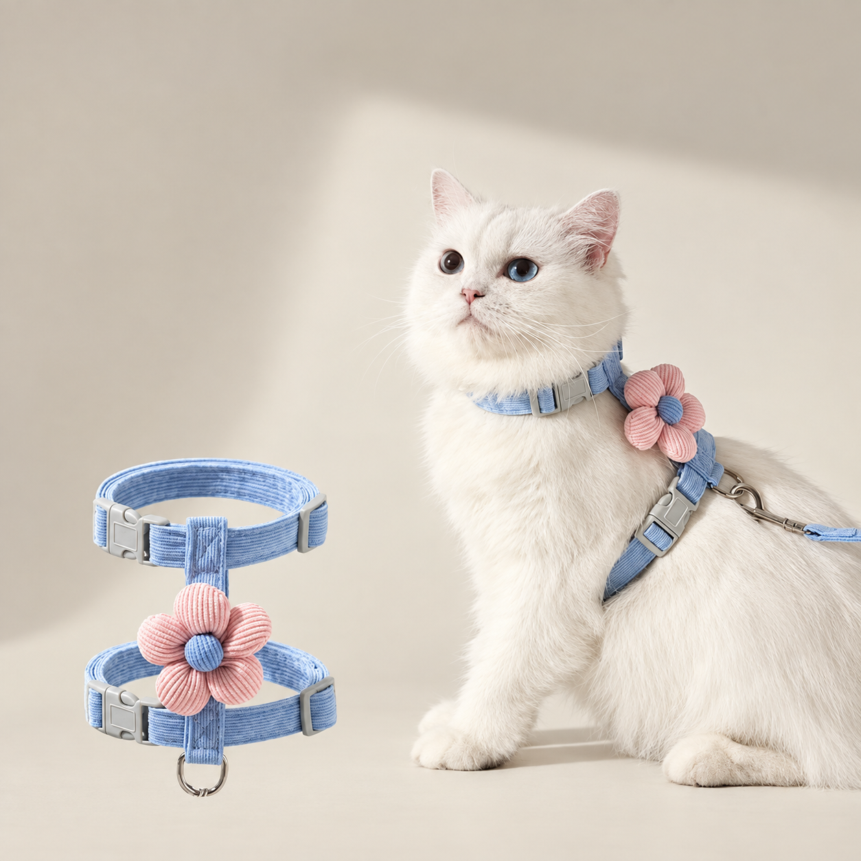 Chat portant le harnais bleu réglable avec fleur et laisse