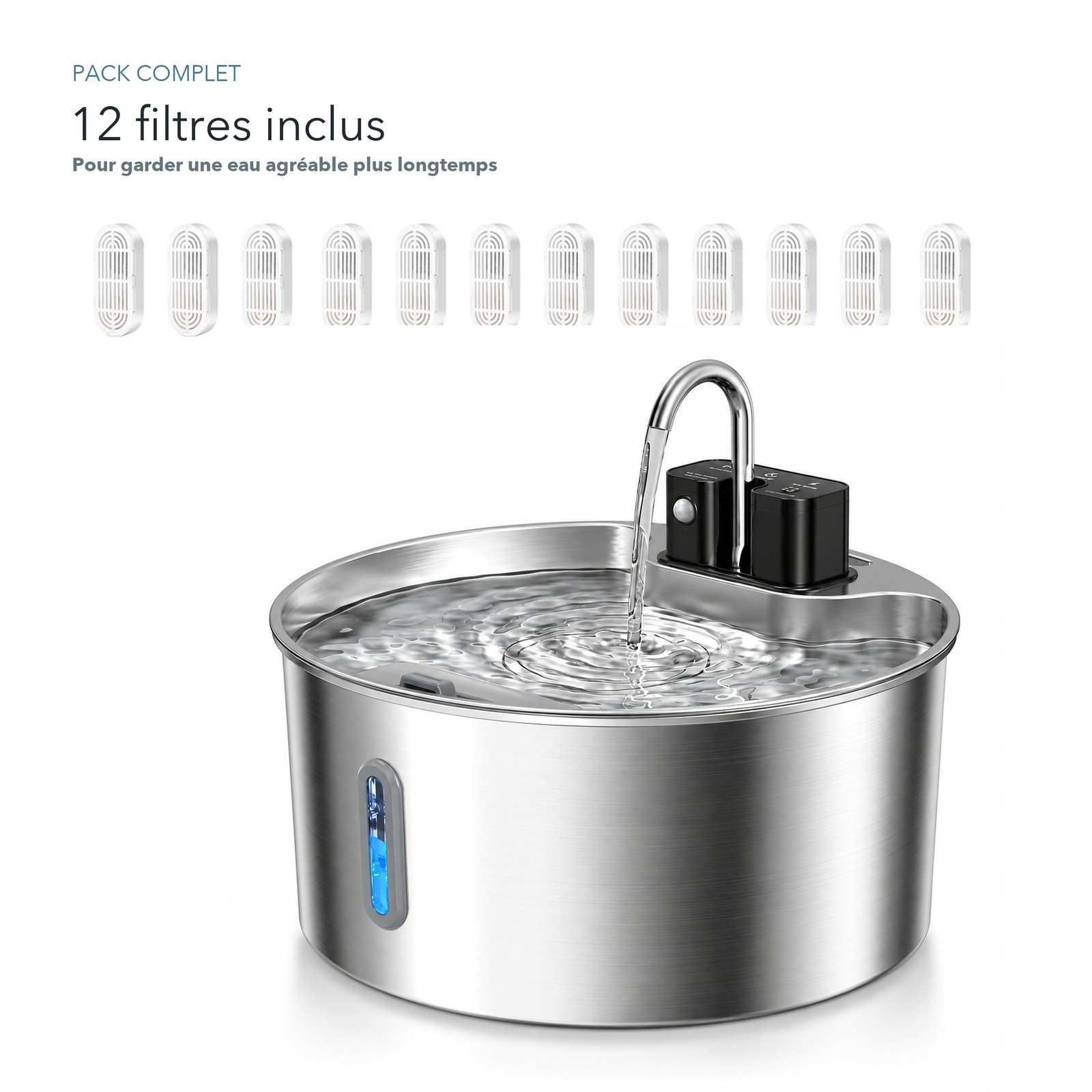 Fontaine à Eau Sans Fil 7 L en Inox avec Détecteur + 12 Filtres