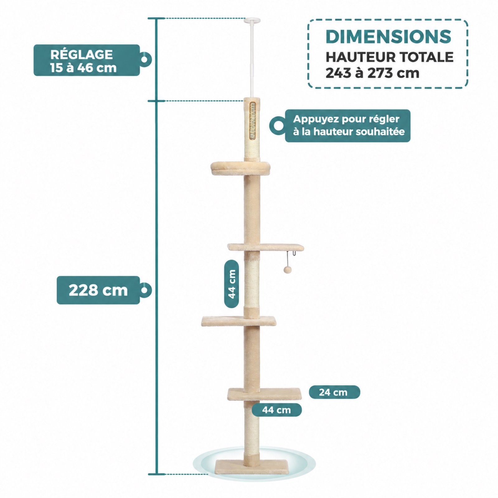 Arbre à Chat Sol-Plafond Réglable 243–273 cm – 2 Coloris