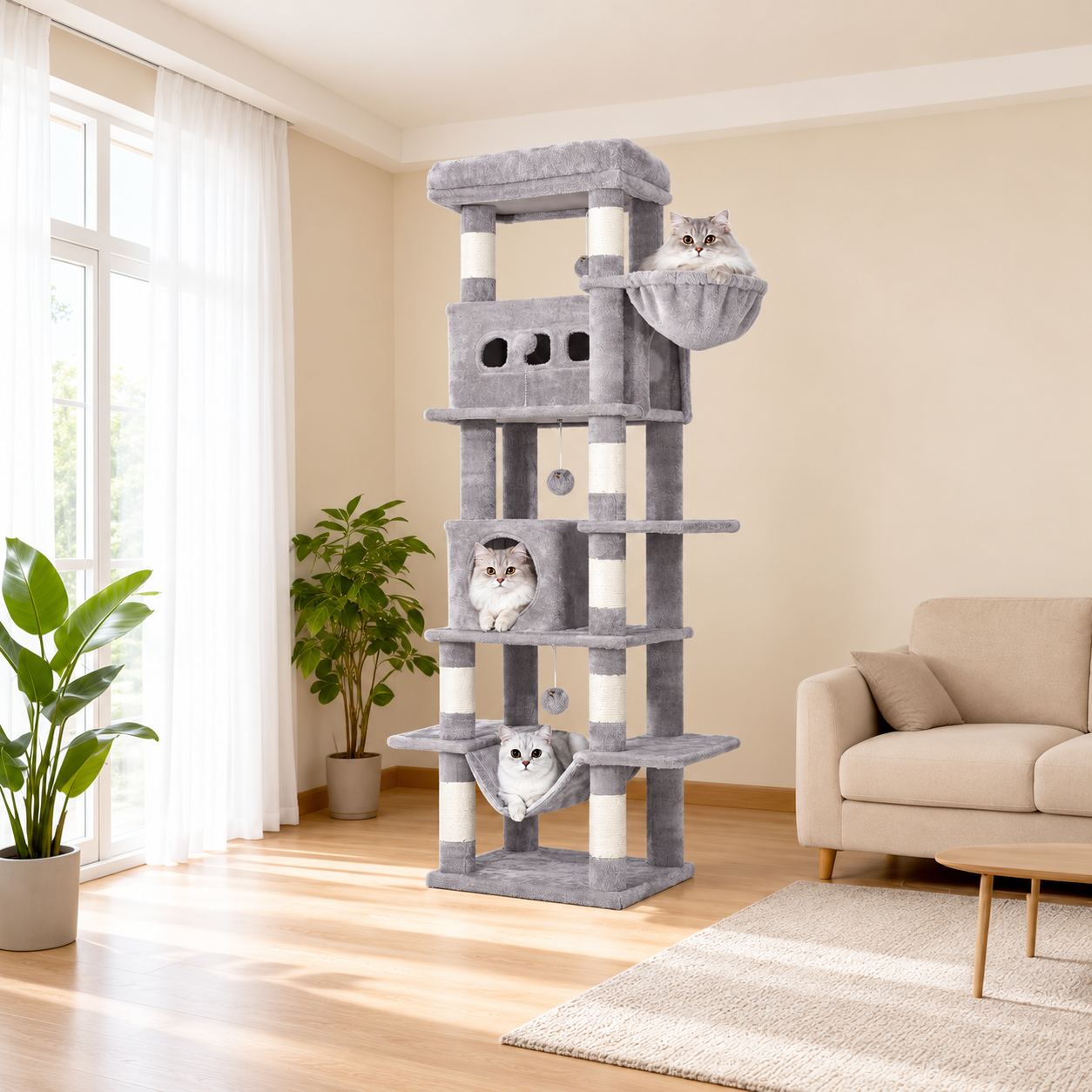 Arbre à chat 170 cm gris clair avec niches et hamacs
