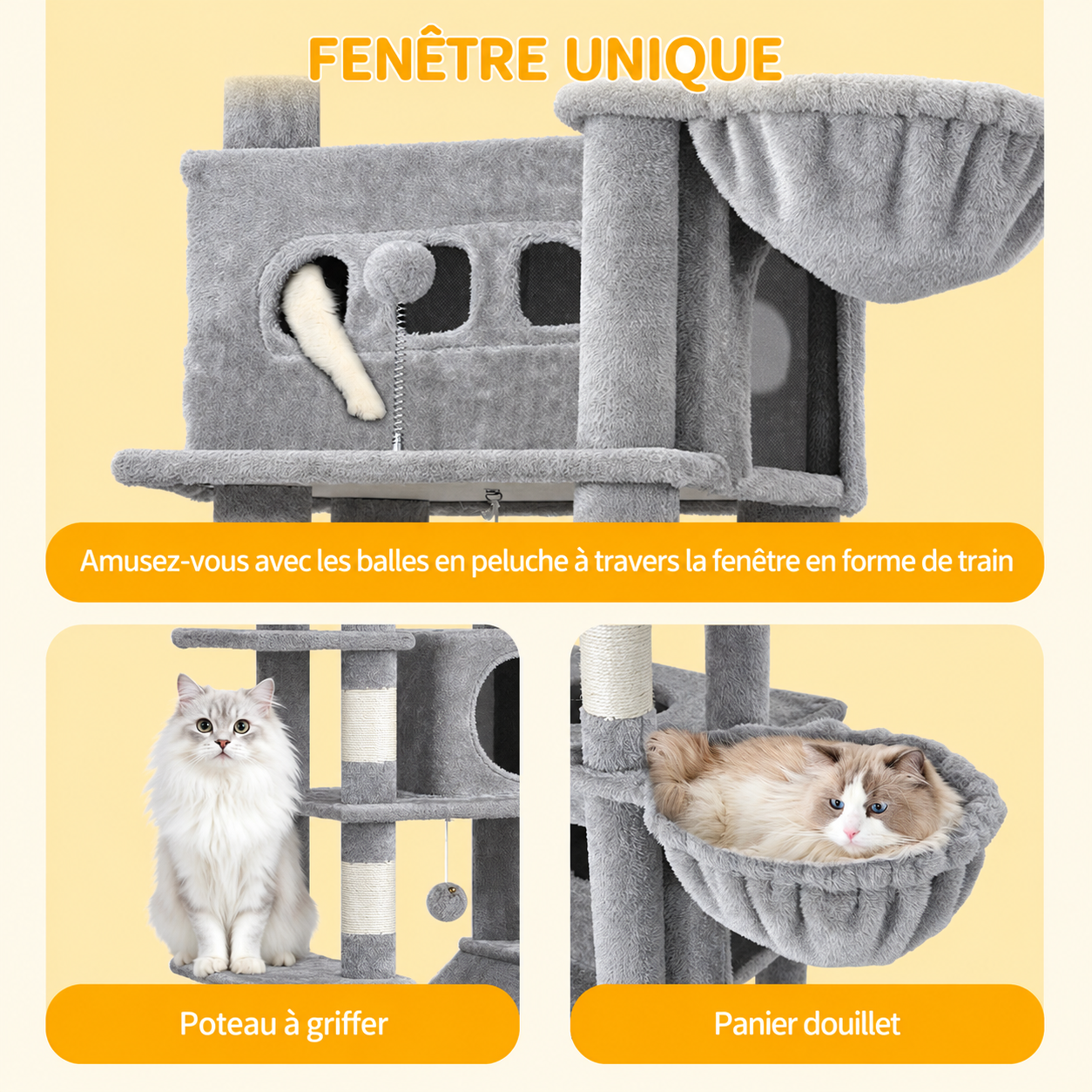 Grand Arbre à Chat 170 cm, 2 Niches et Hamacs