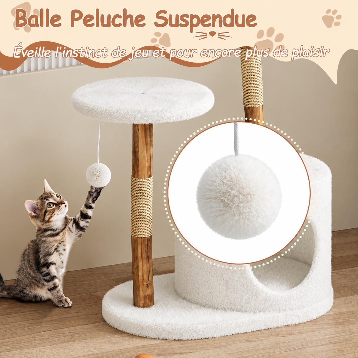 Arbre à Chat en Bois avec Panier Tressé et Niche