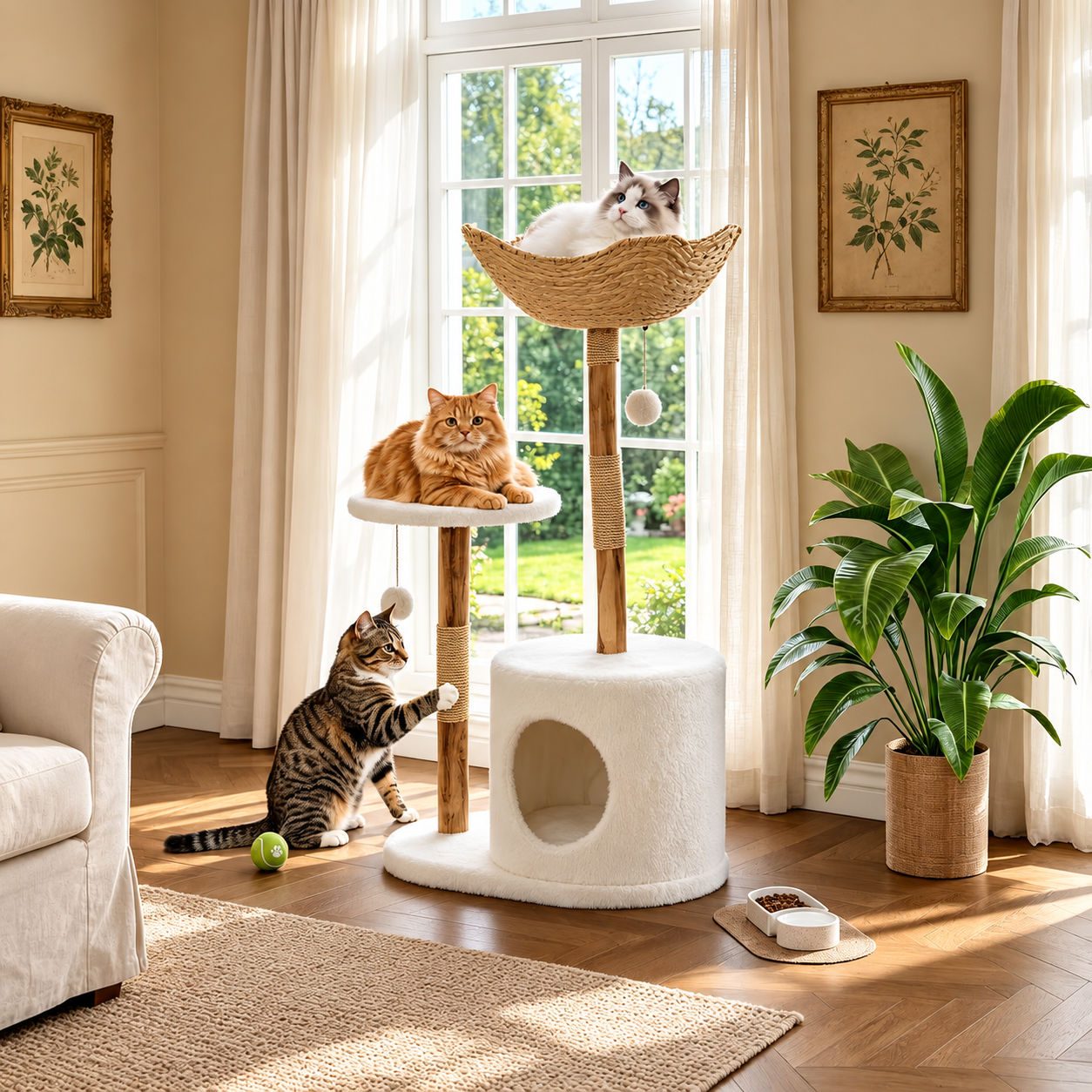 Arbre à chat blanc et bois, un panier tressé, une plateforme et une niche