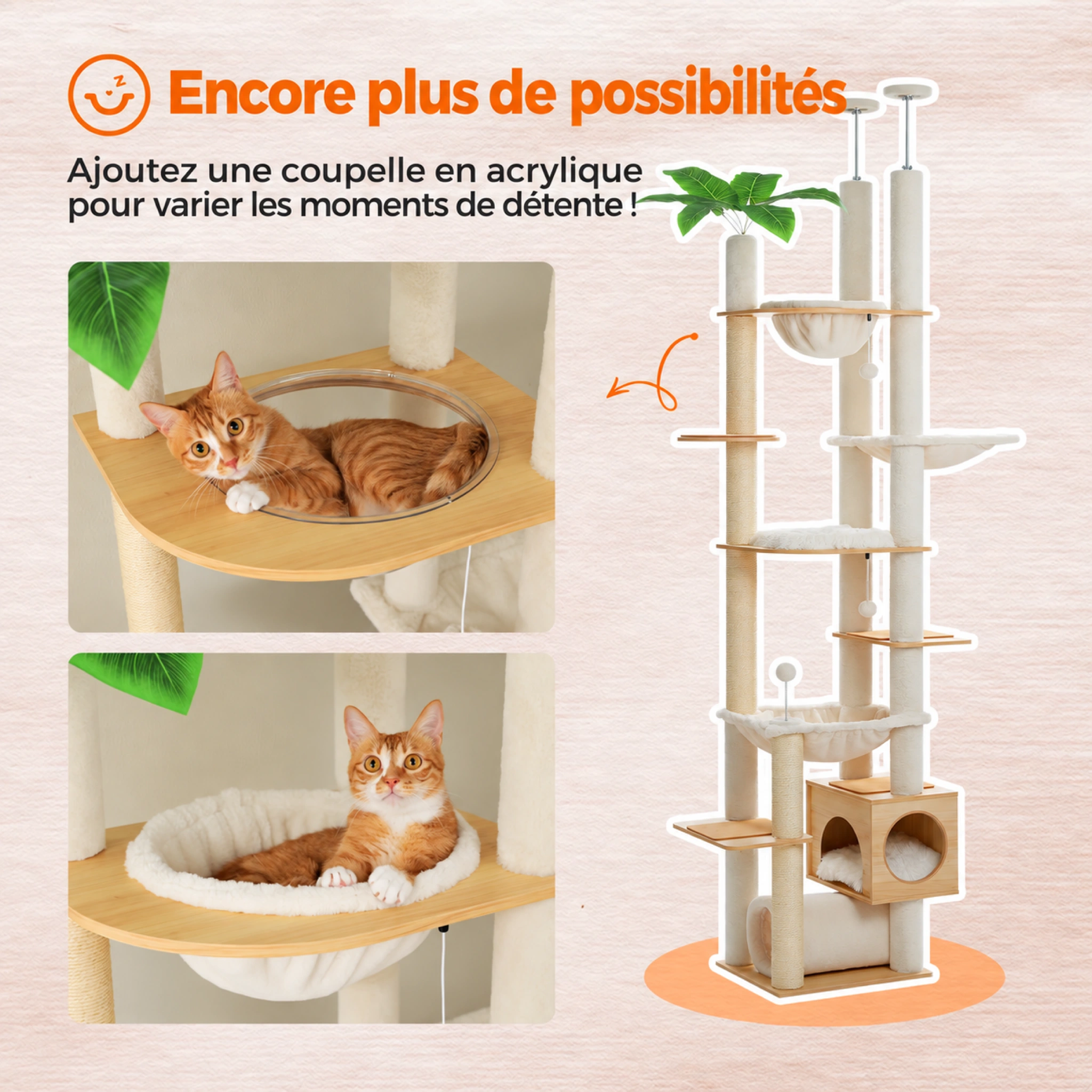 Arbre à Chat Sol-Plafond Beige avec Hamacs