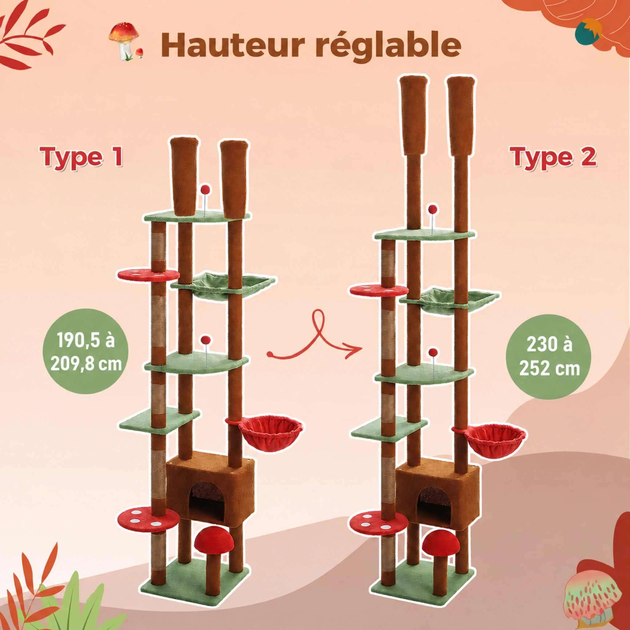 Arbre à Chat Sol-Plafond Marron Rouge avec Hamacs