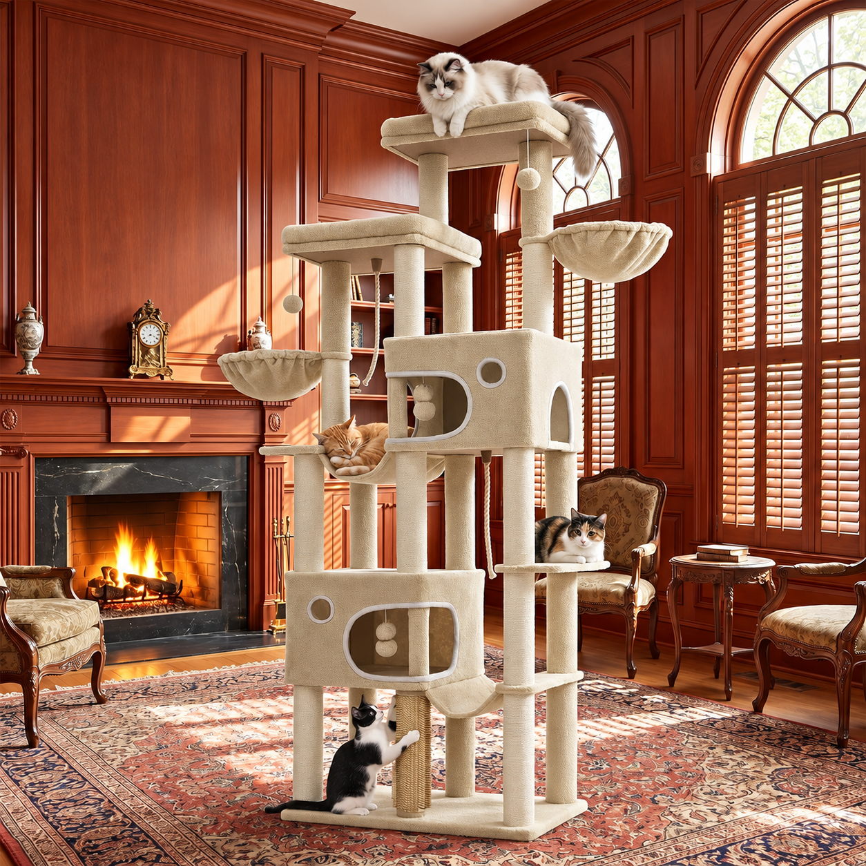 Grand Arbre à Chat avec Deux Niches et Hamacs