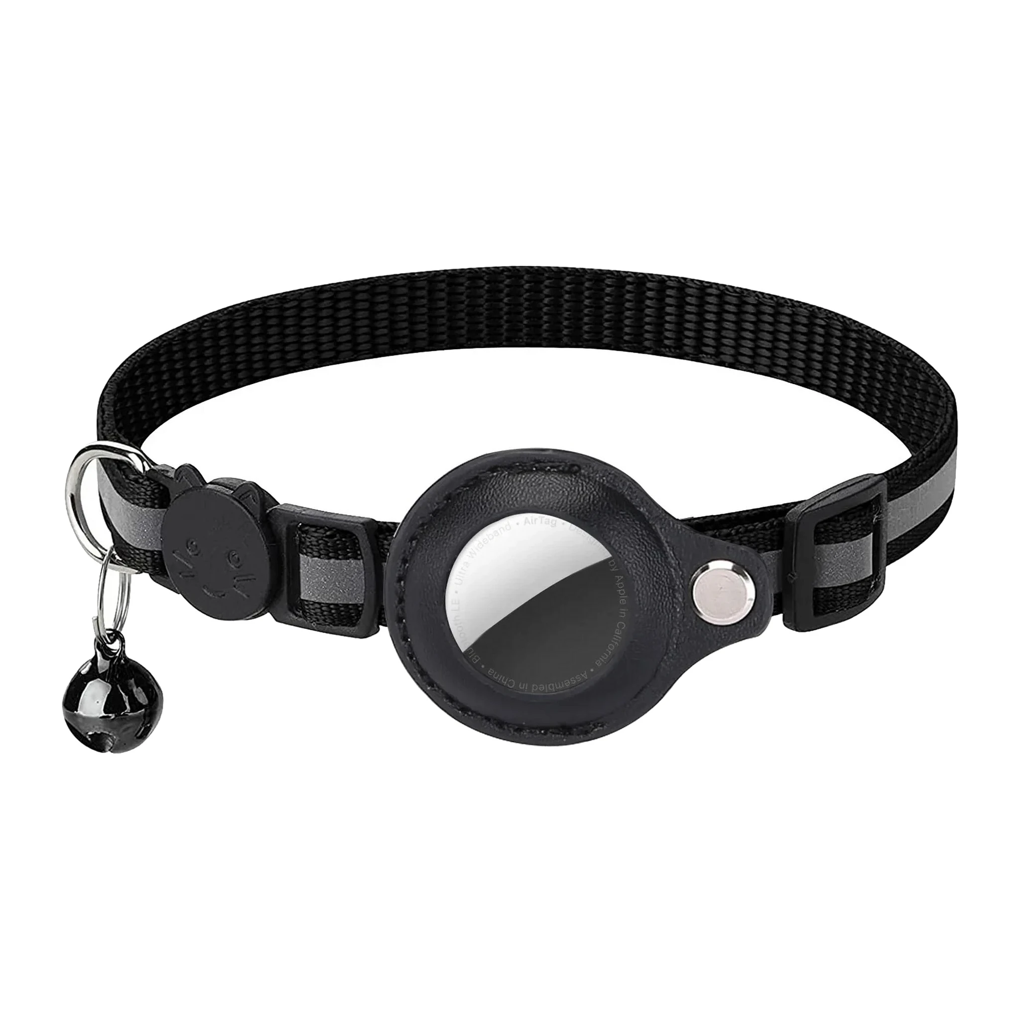 Collier AirTag pour chat noir avec bandes réfléchissantes et clochette