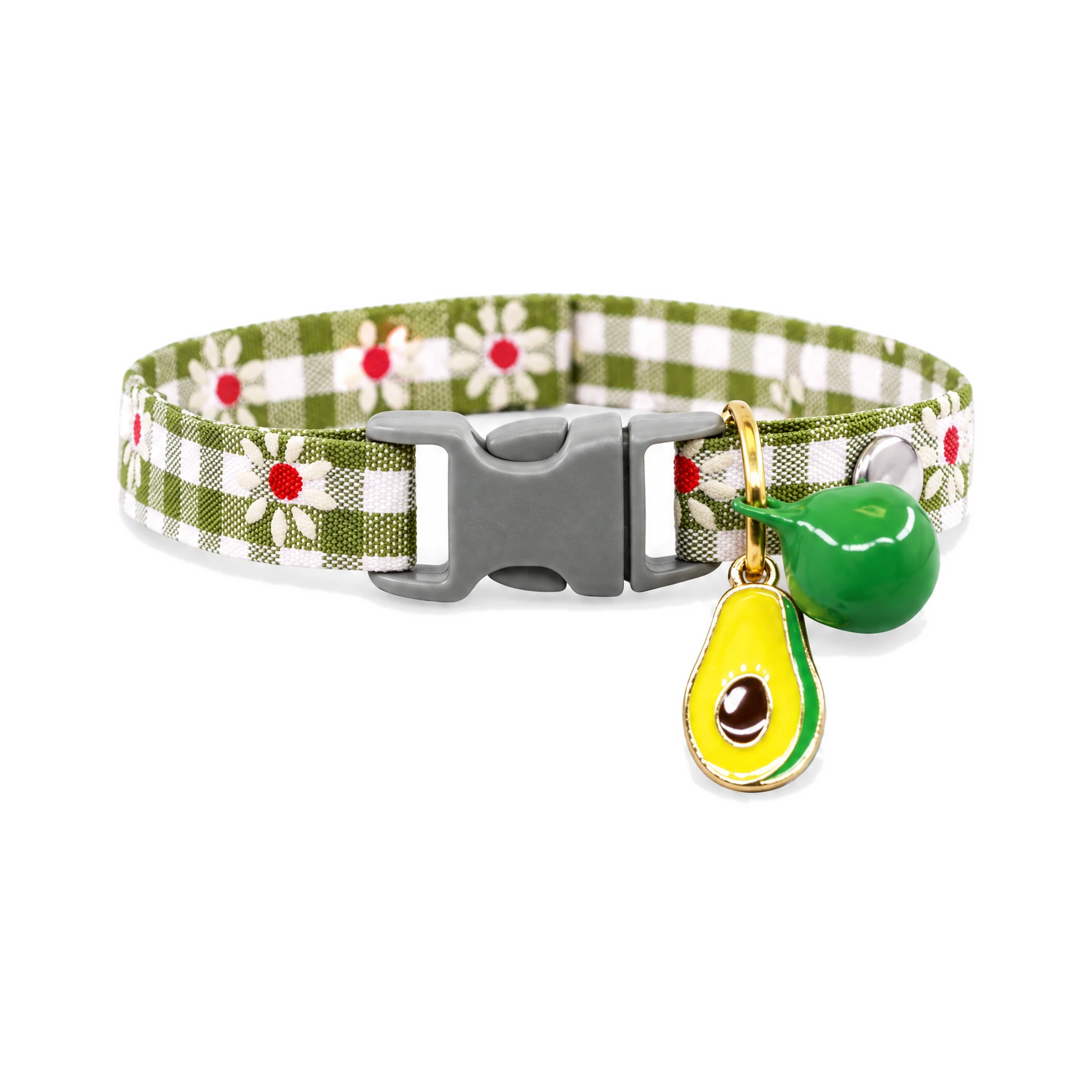 Collier pour chat vichy vert avec clochette et breloque avocat