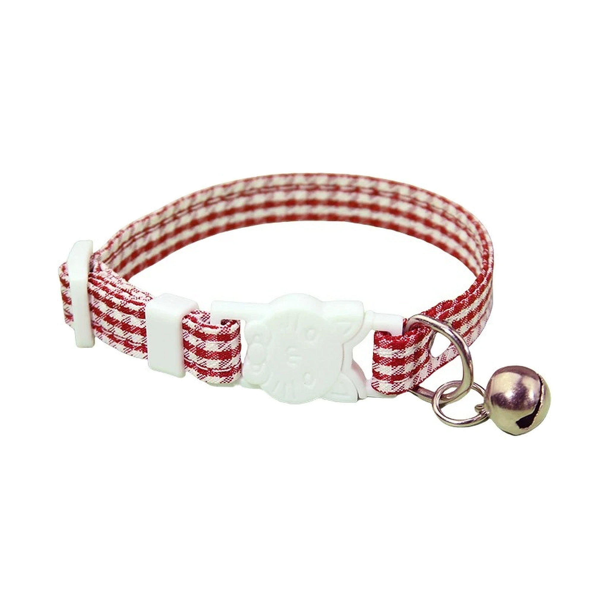 Collier pour chat à carreaux rouges avec boucle tête de chat et clochette