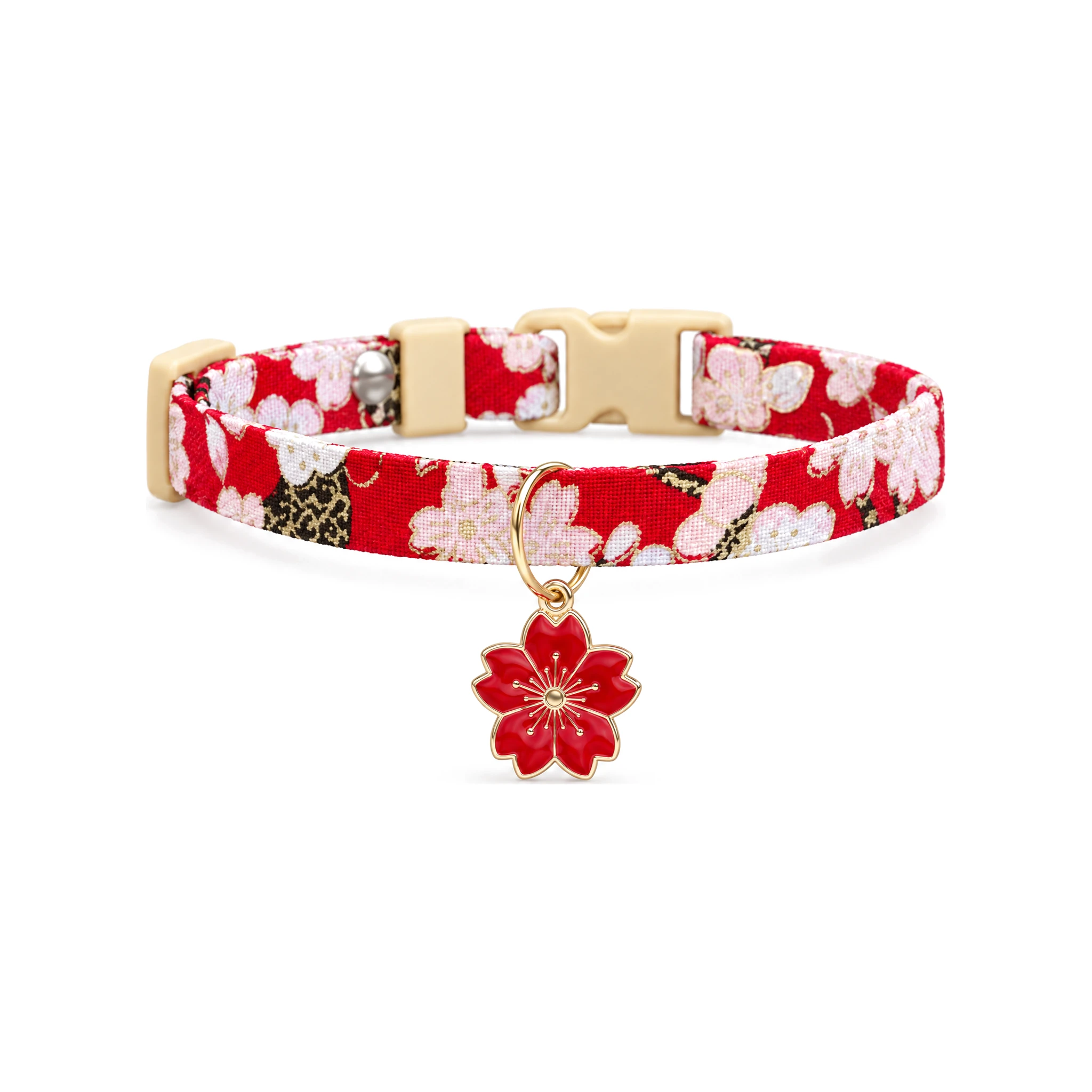Collier pour chat sakura japonais rouge avec breloque fleur de cerisier rouge