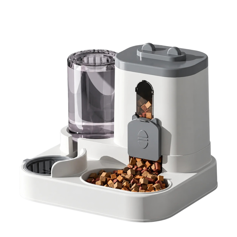 Distributeur d’eau et de croquettes 2 en 1 gris sur fond blanc