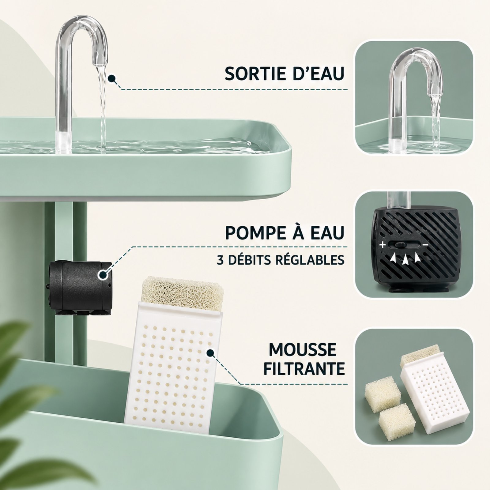 Une pompe réglable et une mousse filtrante
