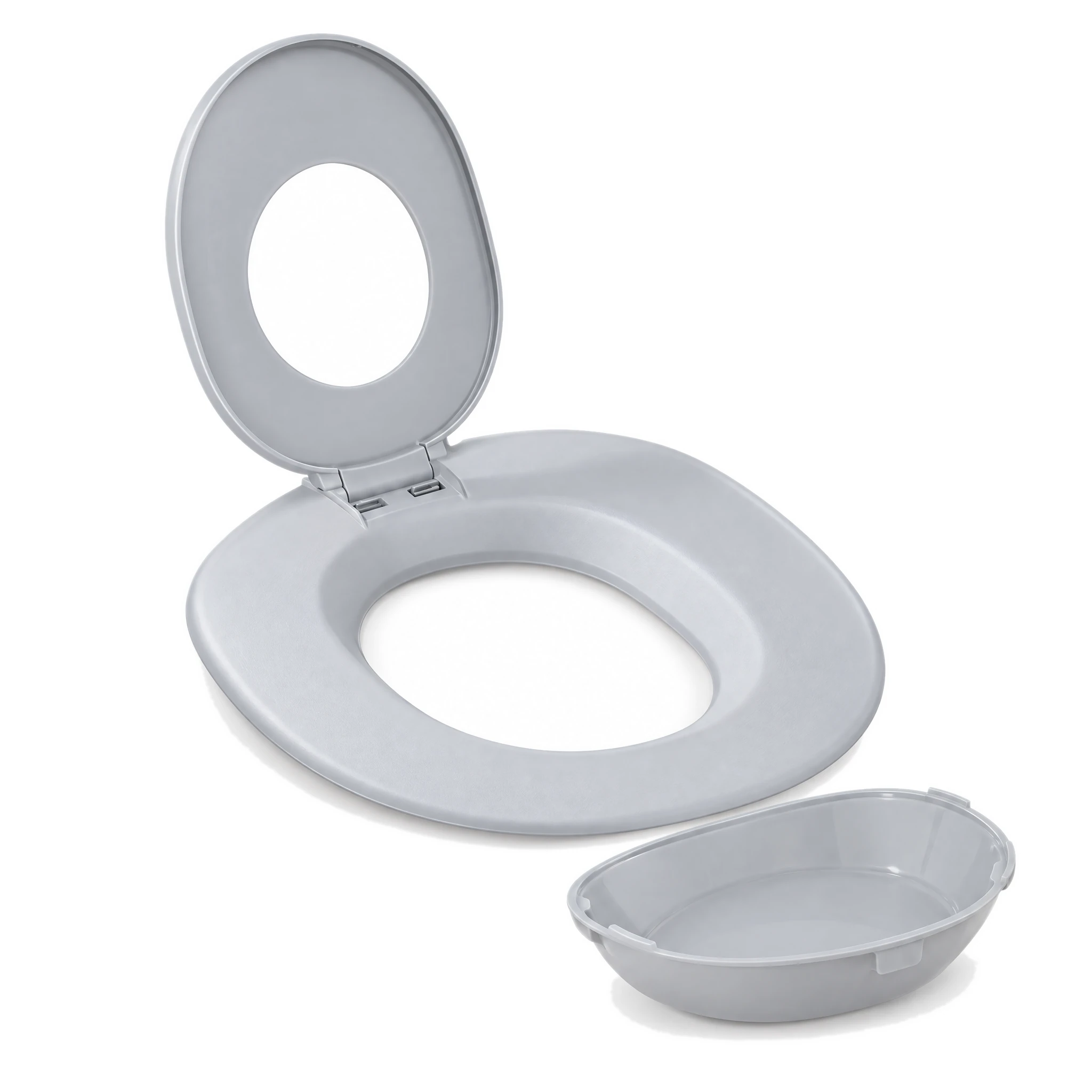 Kit d’apprentissage de la propreté pour chat gris, réducteur, couvercle et bac amovible sur fond blanc