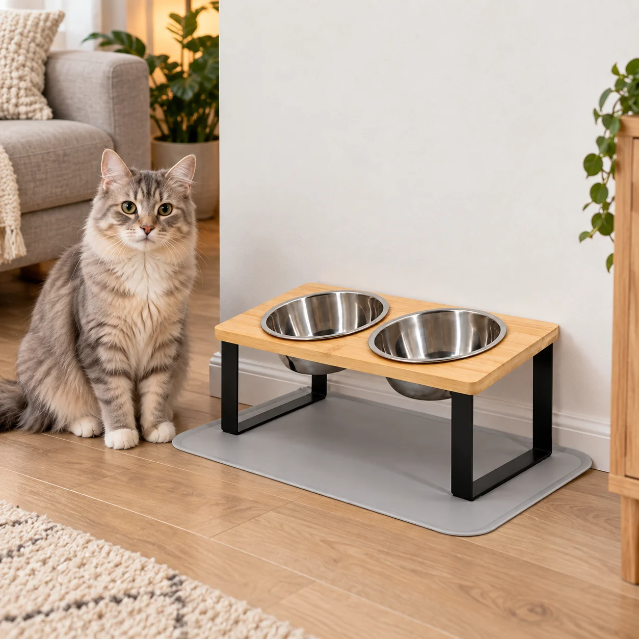 Station Repas Bambou Inclinée, 2 Bols et Tapis