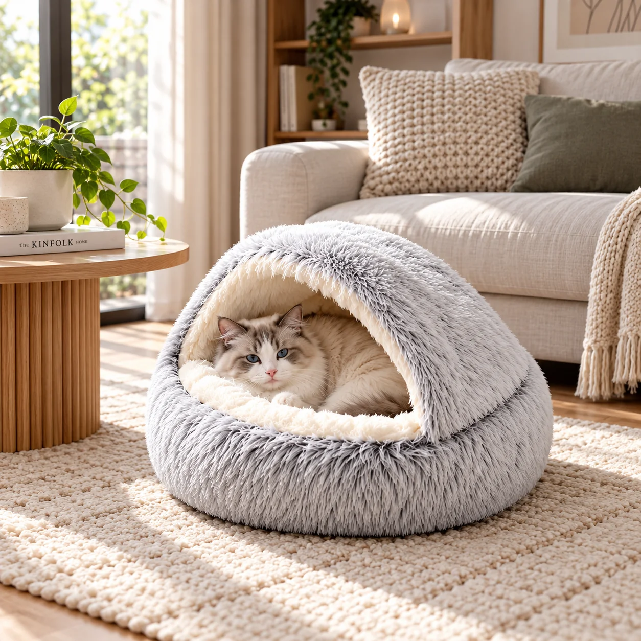 Panier coquille en peluche grise avec un chat installé dedans