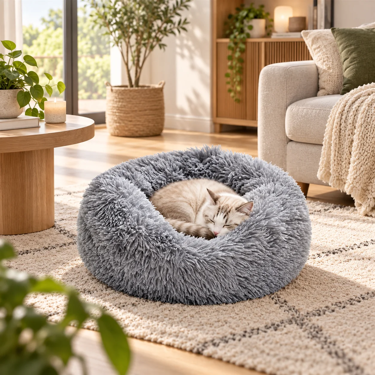 Panier donut en peluche grise avec un chat installé dedans