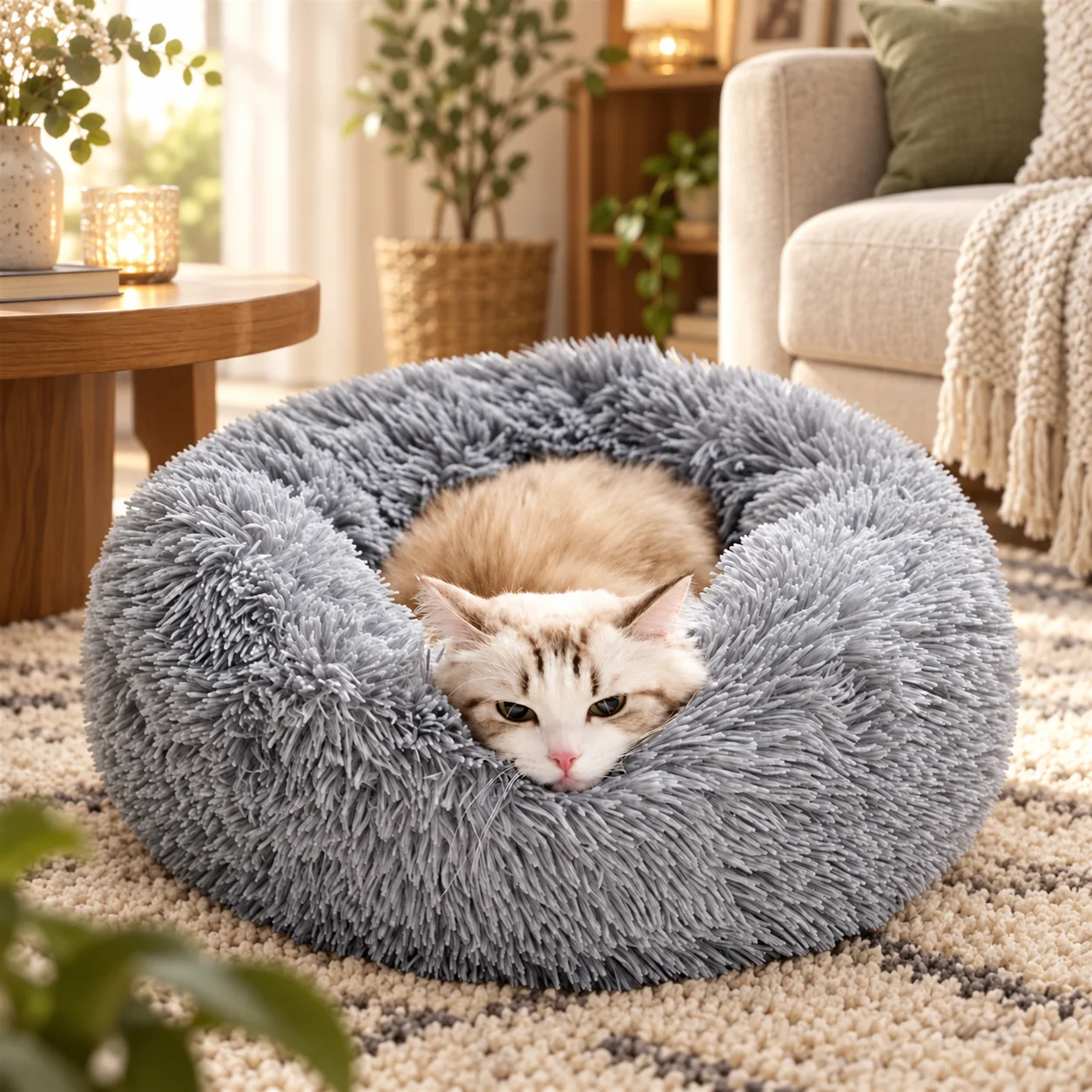 Panier Donut en Peluche à Poils Longs