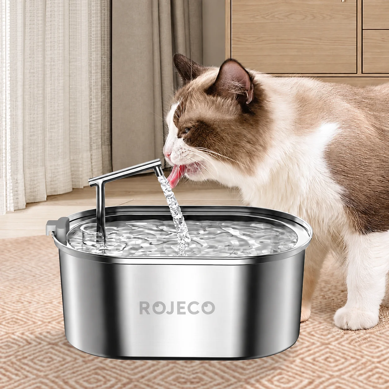 Fontaine à eau 3,2 litres en acier inoxydable, un chat buvant au robinet