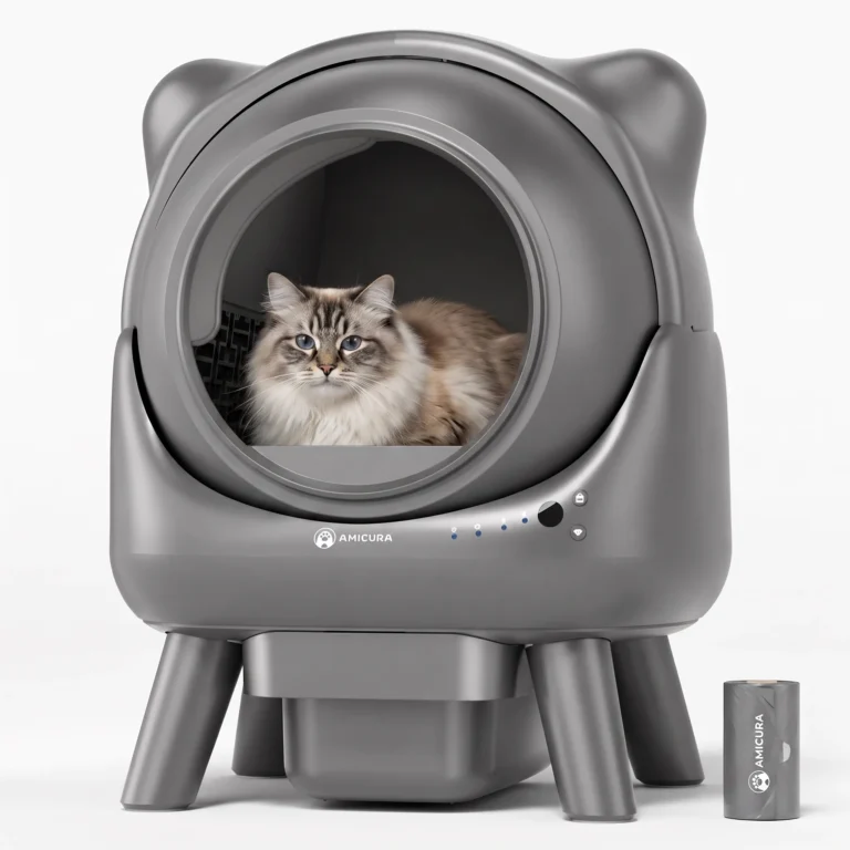 Bac à litière autonettoyant fermé gris sur fond blanc, avec un chat à l'intérieur
