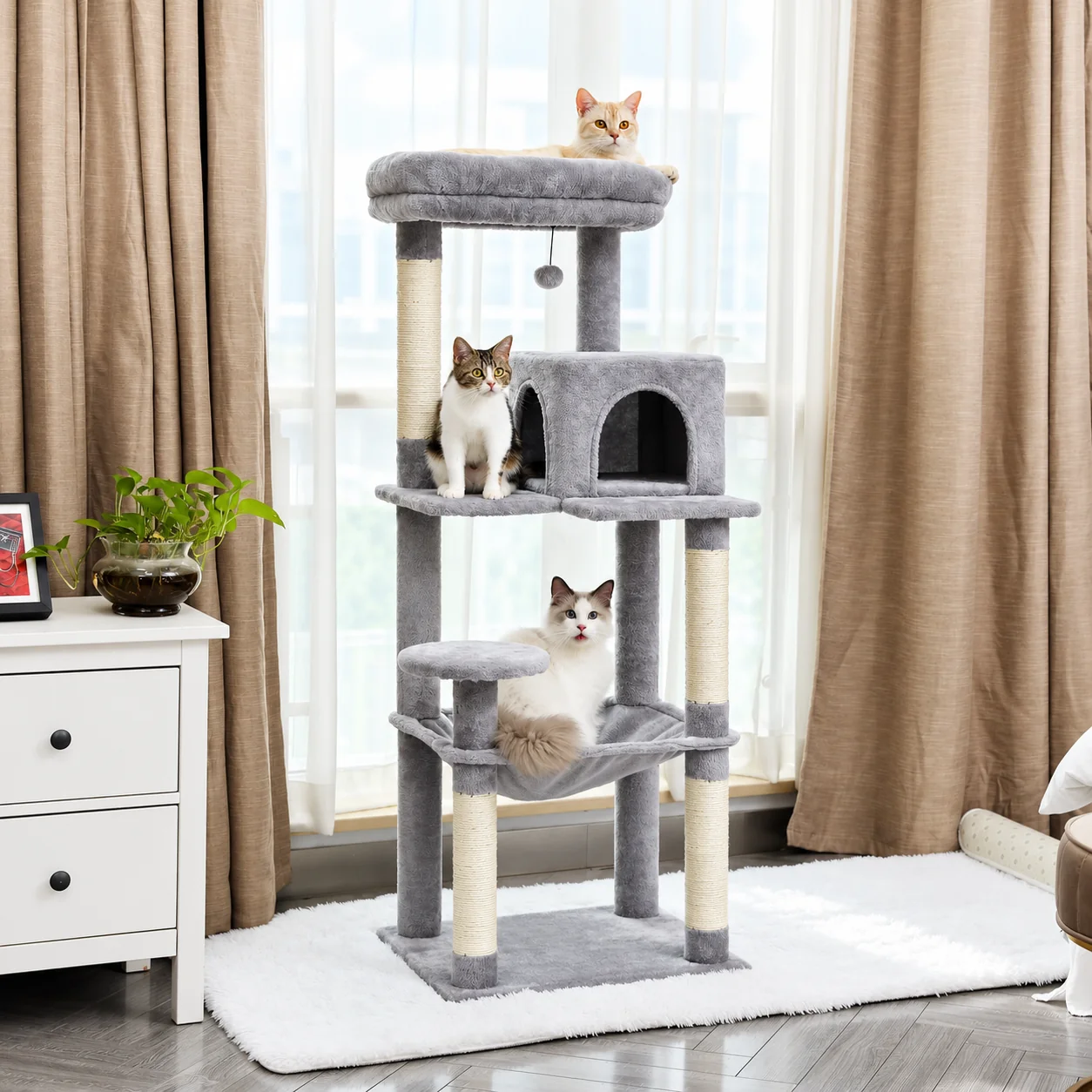 Arbre à Chat 143 cm, 5 Niveaux avec Hamac et Cachette