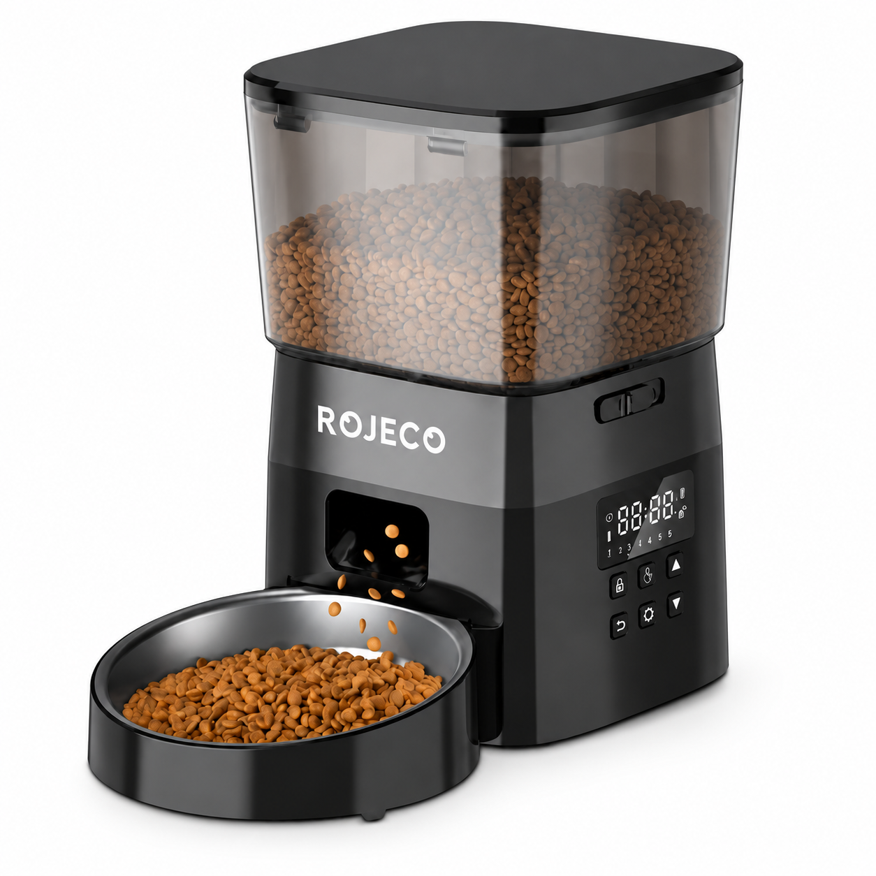 Distributeur automatique de croquettes ROJECO noir sur fond blanc